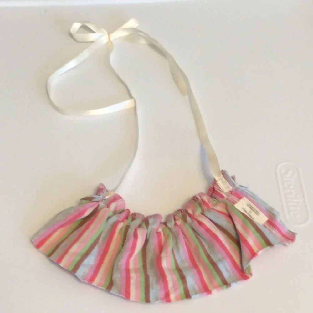 Handmade ruffle fabric necklace multicolored striped & vintage pearlized buttons